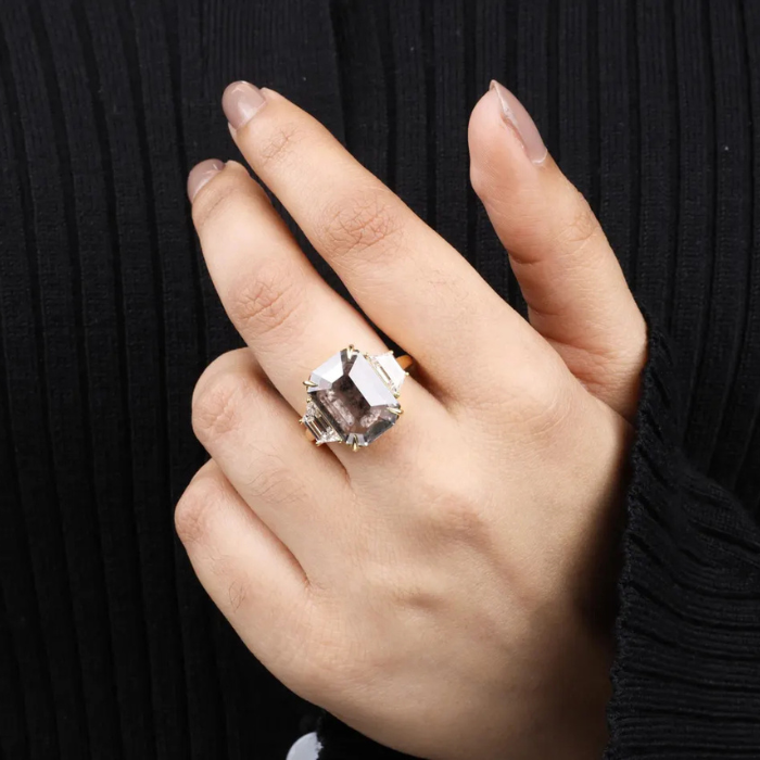 Emerald Cut Salt and Pepper Diamond Three Stone Engagement Ring - Minimal Carbon