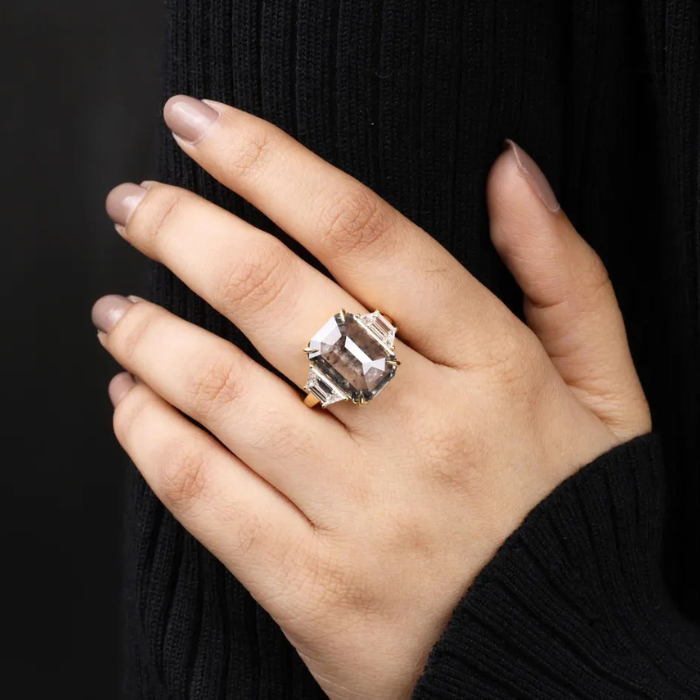 Emerald Cut Salt and Pepper Diamond Three Stone Engagement Ring - Minimal Carbon