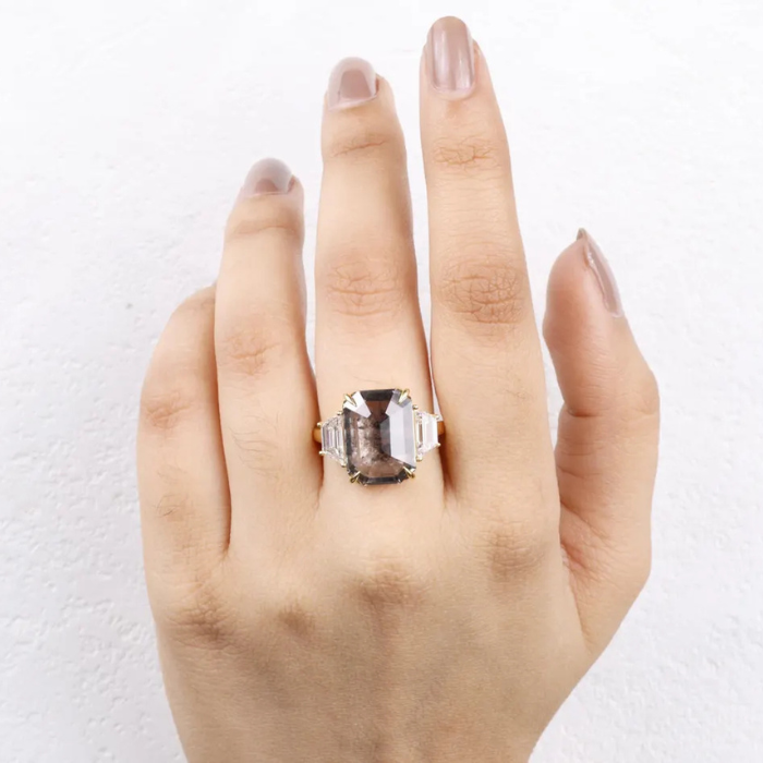 Emerald Cut Salt and Pepper Diamond Three Stone Engagement Ring - Minimal Carbon