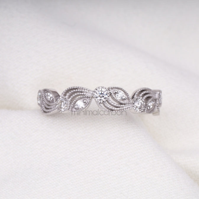 Round Brilliant Cut Moissanite Leaf Eternity Wedding Ring