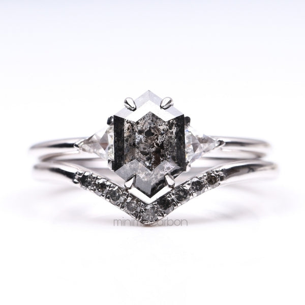 Salt And Pepper Hexagon Diamond Ring Set - Minimal Carbon