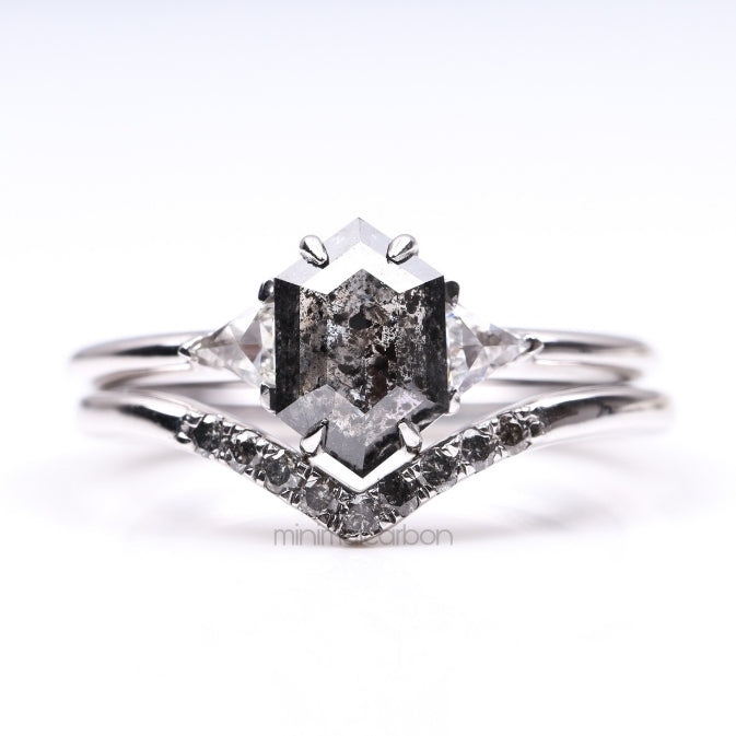 salt and pepper hexagon cut double row diamond ring