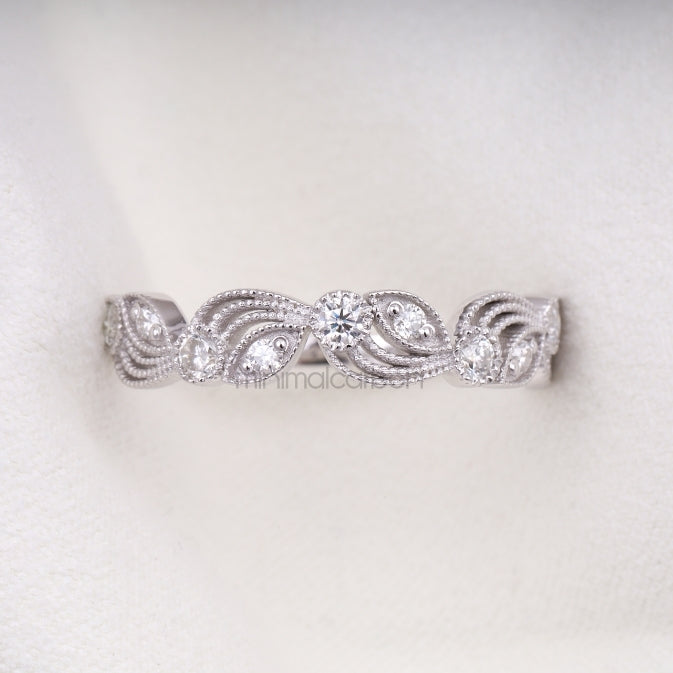 Round Brilliant Cut Moissanite Leaf Eternity Wedding Ring