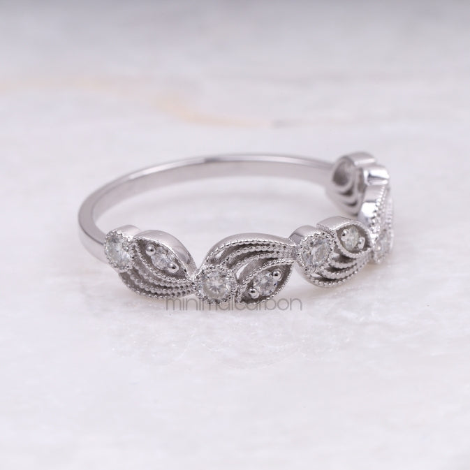 Round Brilliant Cut Moissanite Leaf Eternity Wedding Ring