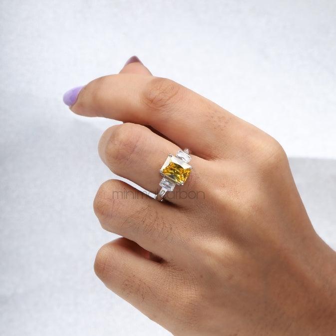 Radiant Cut Citrine Ring Three Stone Ring - Minimal Carbon