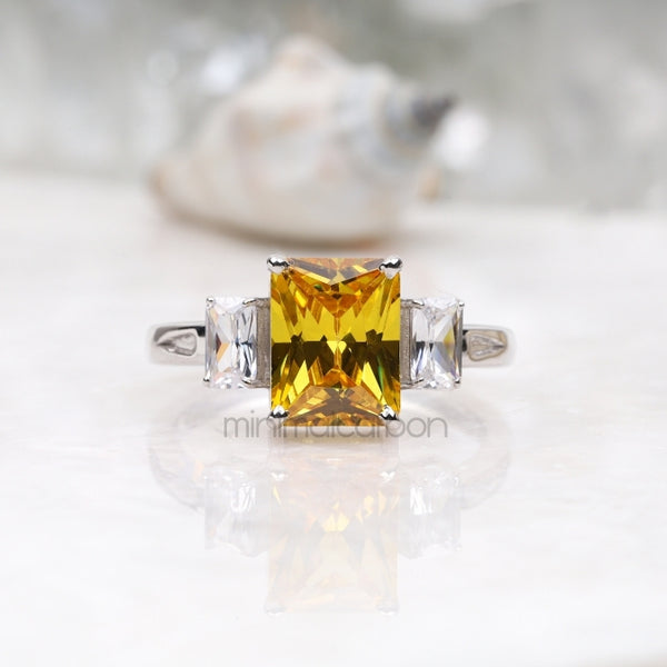 Radiant Cut Citrine Ring Three Stone Ring - Minimal Carbon