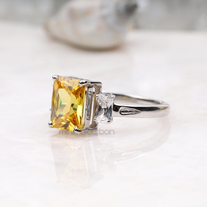 Radiant Cut Citrine Ring Three Stone Ring - Minimal Carbon