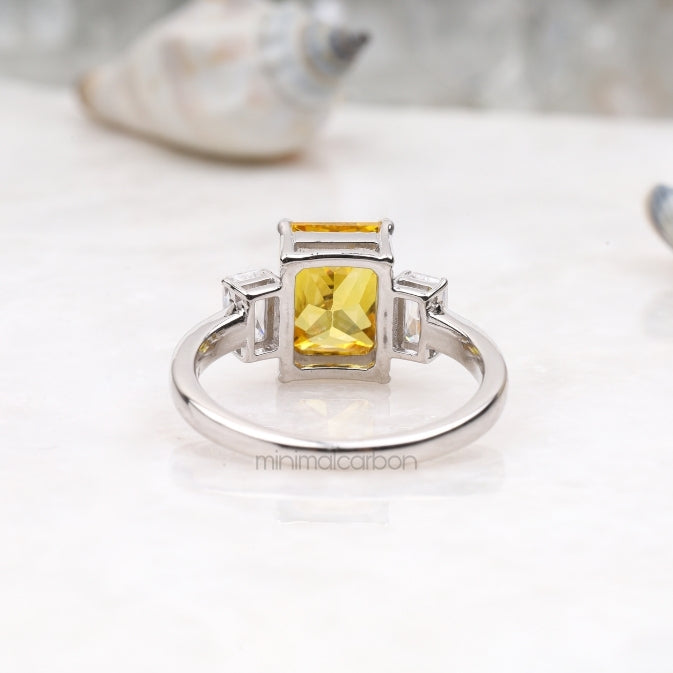 Radiant Cut Citrine Ring Three Stone Ring - Minimal Carbon