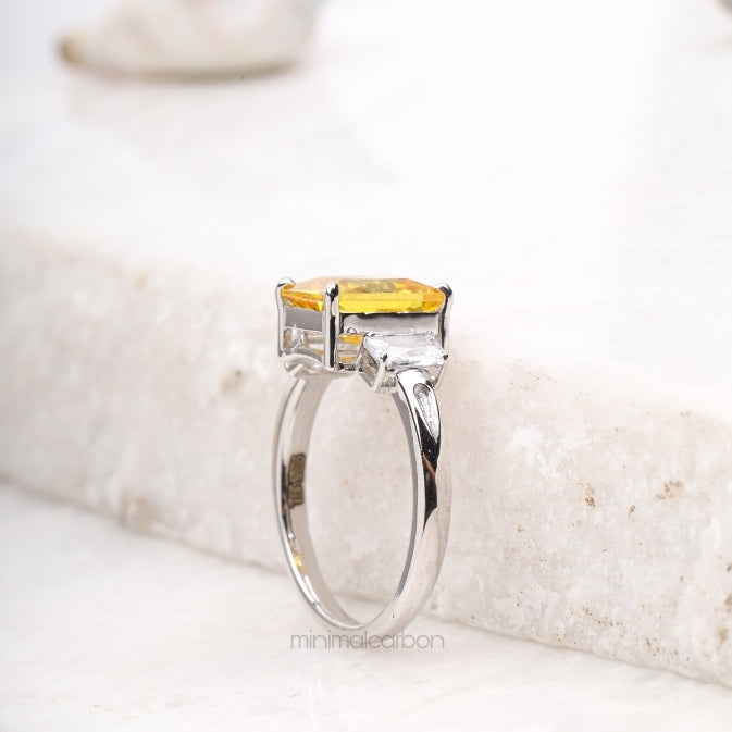 Radiant Cut Citrine Ring Three Stone Ring - Minimal Carbon