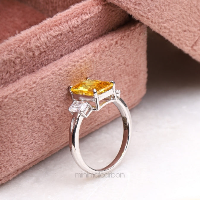 Radiant Cut Citrine Ring Three Stone Ring - Minimal Carbon