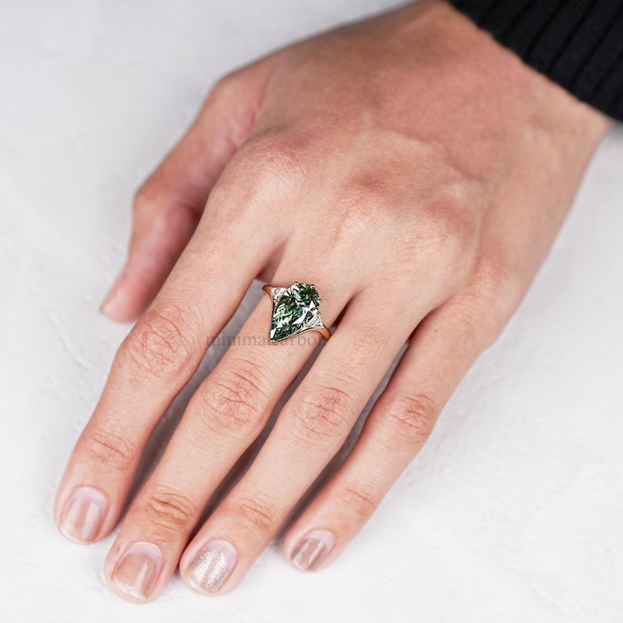 Green Pear Lab Grown Diamond Three Stone Ring - Minimal Carbon