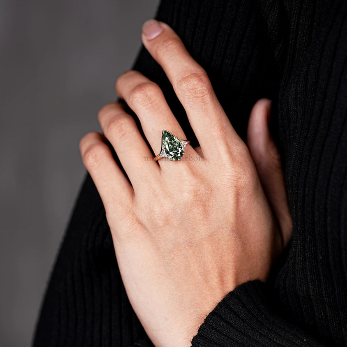 Green Pear Lab Grown Diamond Three Stone Ring - Minimal Carbon