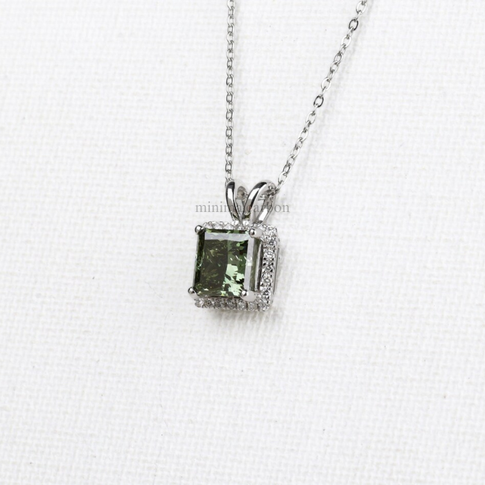 Green Princess Cut Lab Grown Diamond Halo Pendant