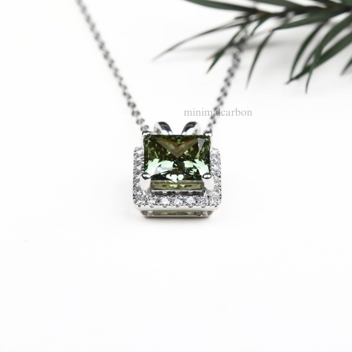 Green Princess Cut Lab Grown Diamond Halo Pendant