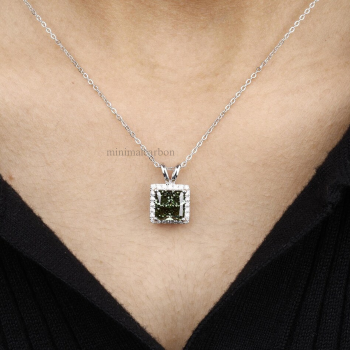 Green Princess Cut Lab Grown Diamond Halo Pendant