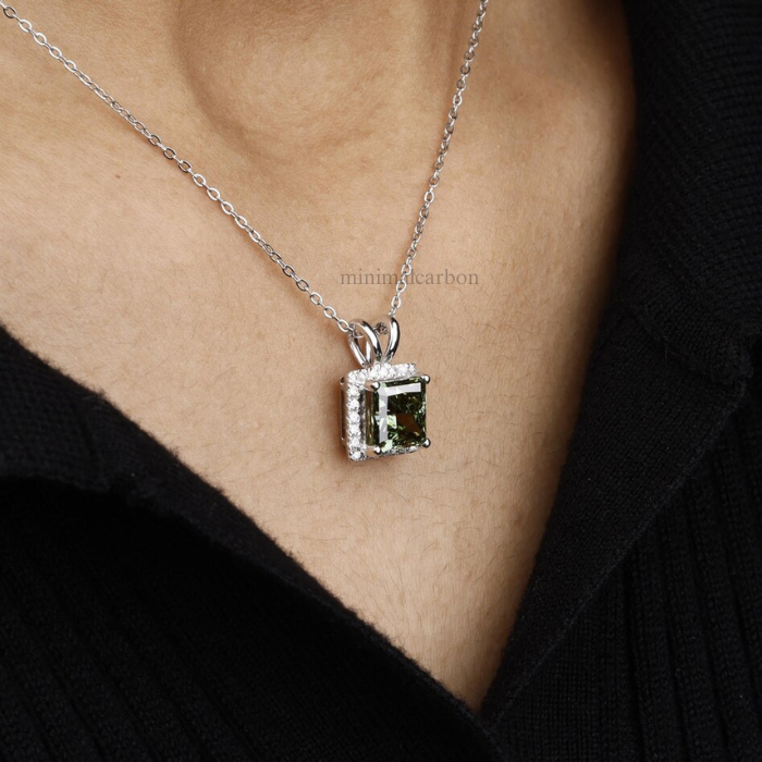 Green Princess Cut Lab Grown Diamond Halo Pendant