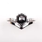 Hexagon Black Stone Chevron Ring with White Stones For Engagement - 01