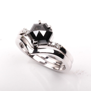 Hexagon Black Stone Chevron Ring with White Stones For Engagement - 02