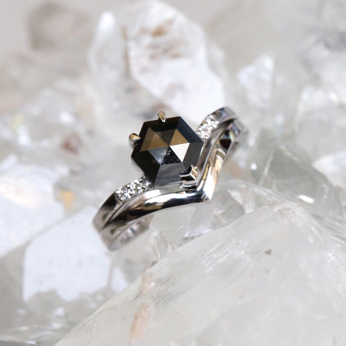 Hexagon Black Stone Chevron Ring with White Stones For Engagement - 03