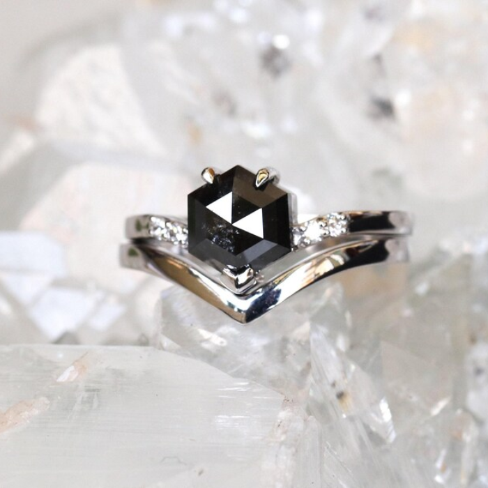 Hexagon Black Stone Chevron Ring with White Stones For Engagement - 04