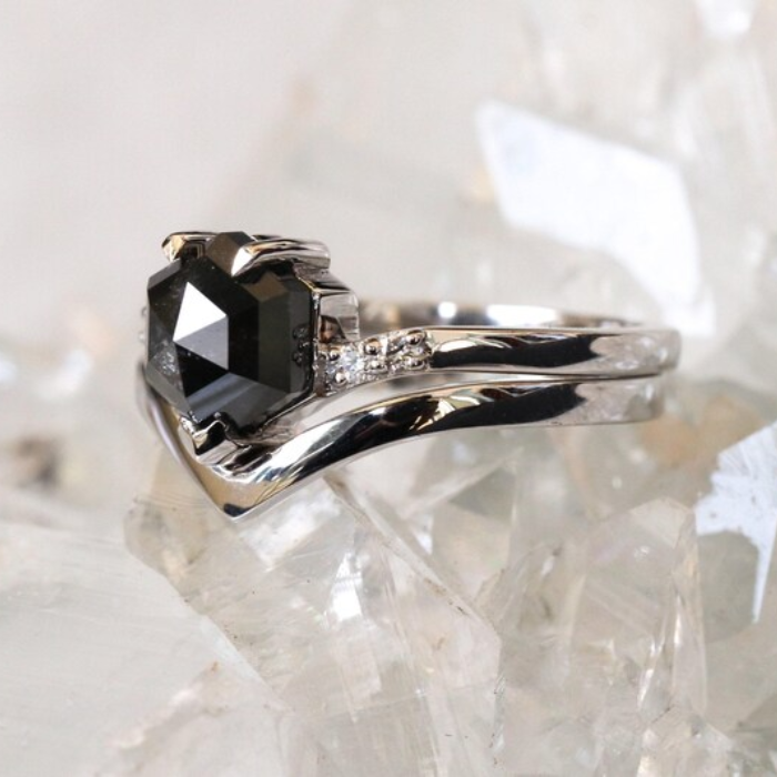 Hexagon Black Stone Chevron Ring with White Stones For Engagement - 05