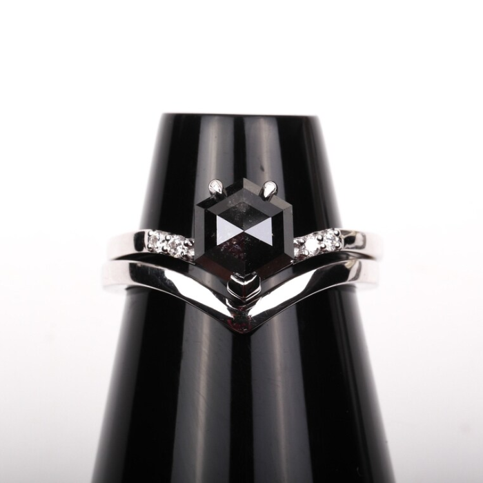 Hexagon Black Stone Chevron Ring with White Stones For Engagement - 06