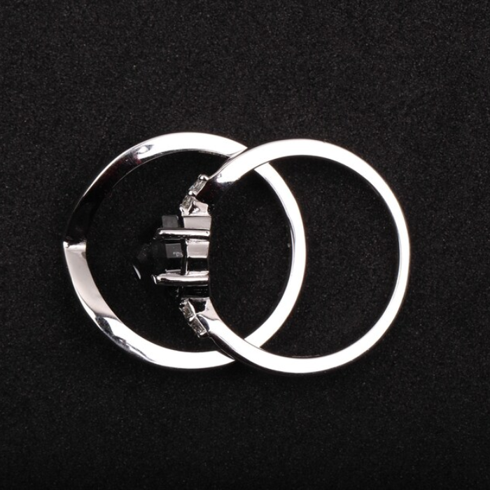 Hexagon Black Stone Chevron Ring with White Stones For Engagement - 07