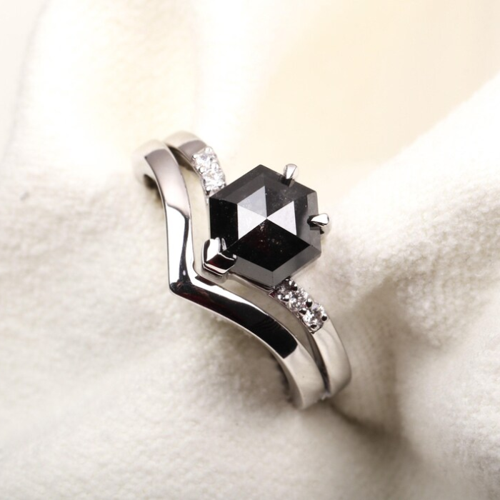 Hexagon Black Stone Chevron Ring with White Stones For Engagement - 08
