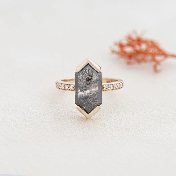 Hexagon Cut Half Bezel Set Salt And Pepper Diamond Ring