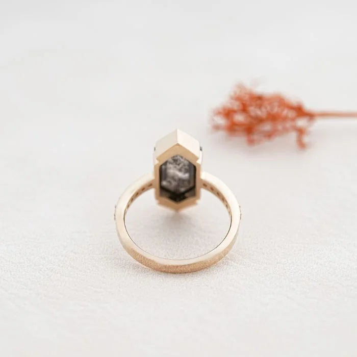 Hexagon Cut Half Bezel Set Salt And Pepper Diamond Ring