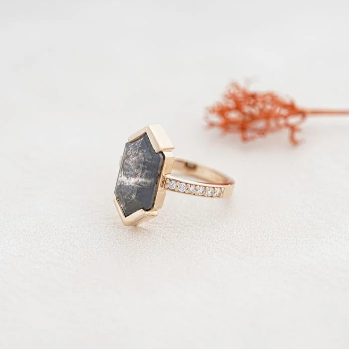 Hexagon Cut Half Bezel Set Salt And Pepper Diamond Ring