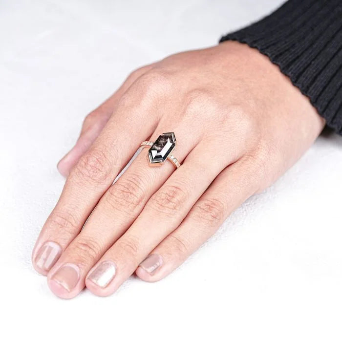 Hexagon Cut Half Bezel Set Salt And Pepper Diamond Ring