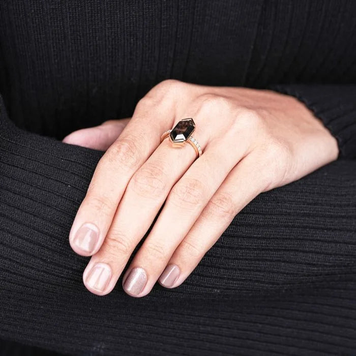 Hexagon Cut Half Bezel Set Salt And Pepper Diamond Ring