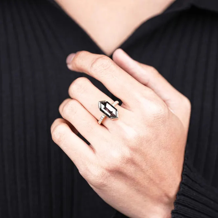Lab Grown Hexagon Salt And Pepper Diamond Engagement Ring - Minimal Carbon