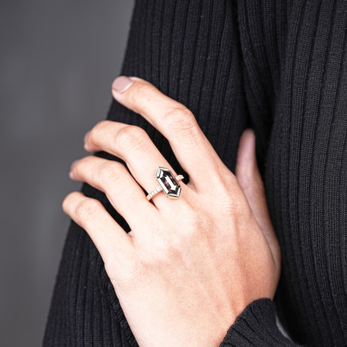 Lab Grown Hexagon Salt And Pepper Diamond Engagement Ring - Minimal Carbon