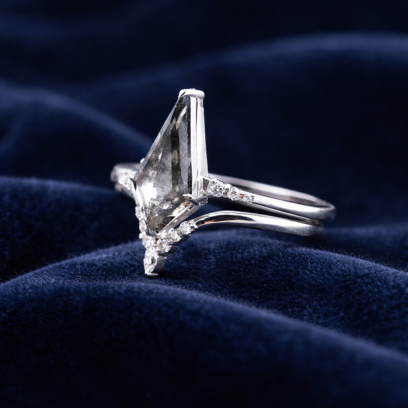 Kite Salt and Pepper Diamond Ring with Crown Band – Bridal Set