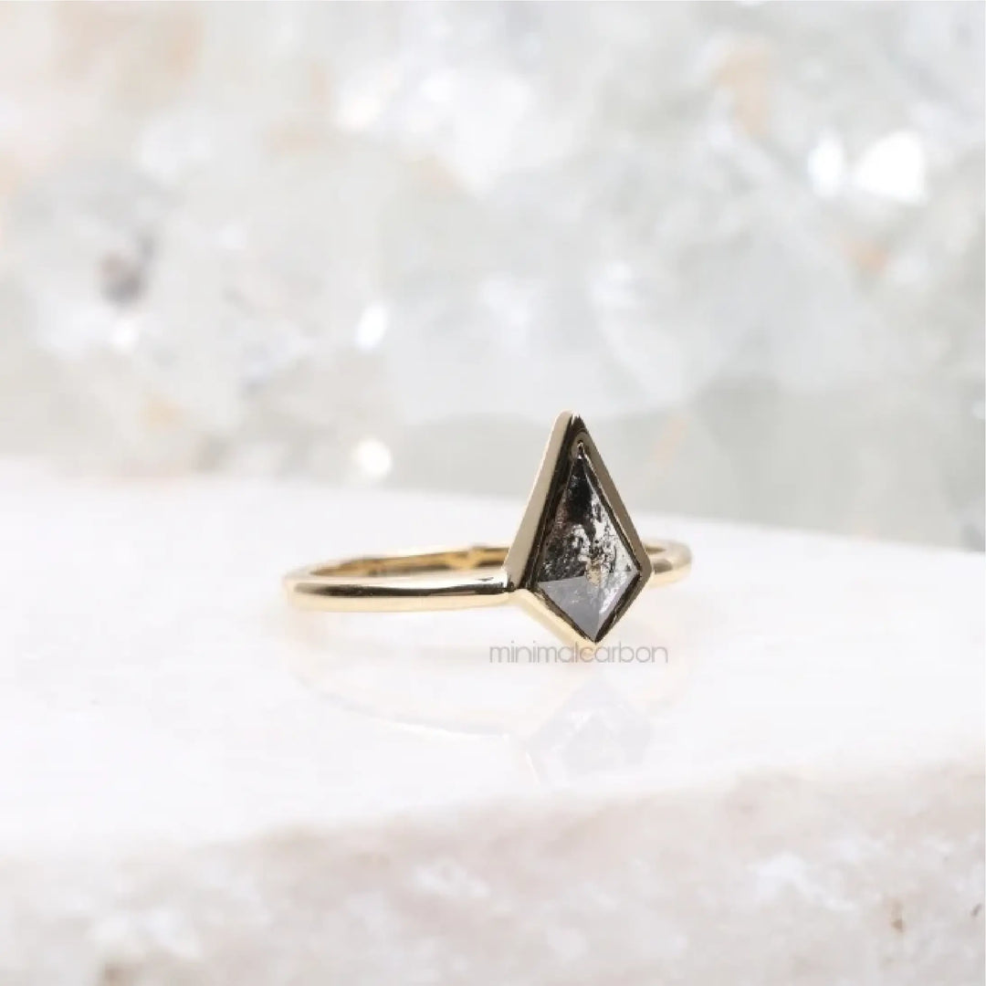 Kite Cut Salt and Pepper Diamond Solitaire Ring - Minimal Carbon