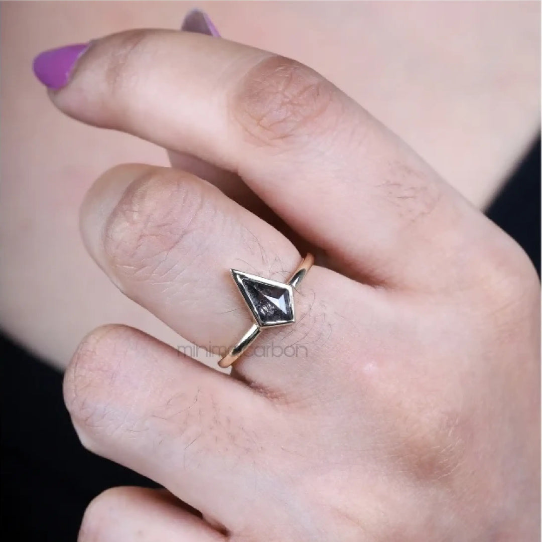 Kite Cut Salt and Pepper Diamond Solitaire Ring - Minimal Carbon