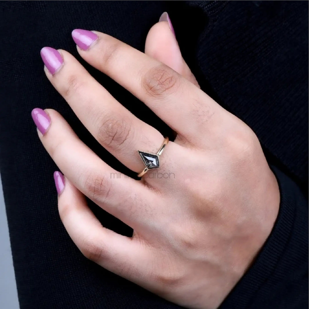 Kite Cut Salt and Pepper Diamond Solitaire Ring - Minimal Carbon