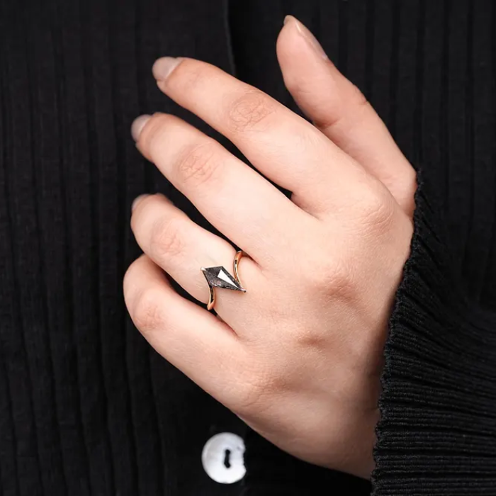 Kite Salt and Pepper Diamond Solitaire Bypass Shank Ring