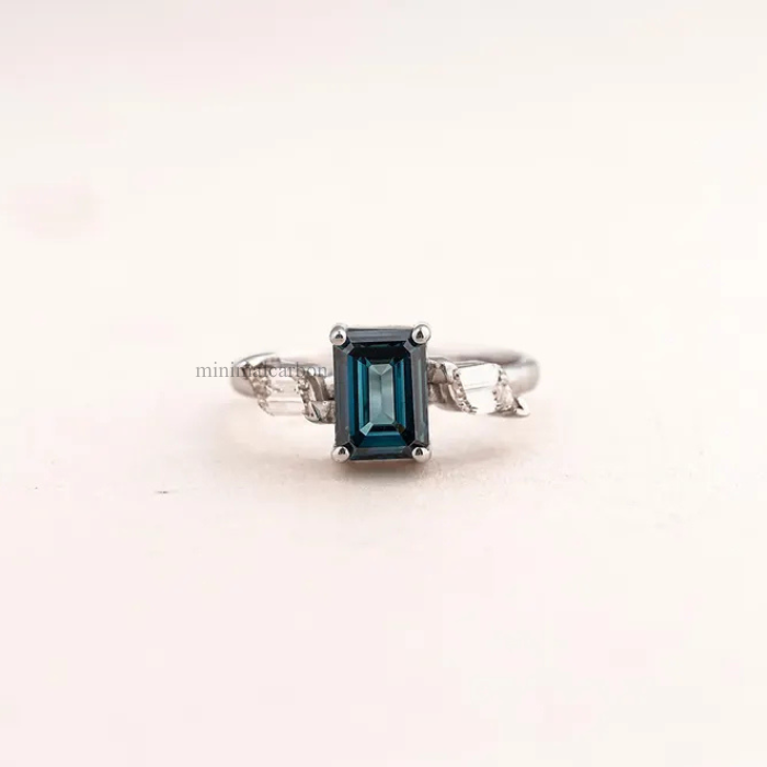 Lab Grown Blue Emerald Cut Diamond Three Stone Engagement Ring