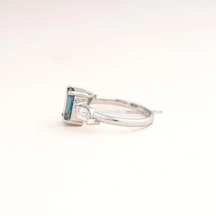 Lab Grown Blue Emerald Cut Diamond Three Stone Engagement Ring