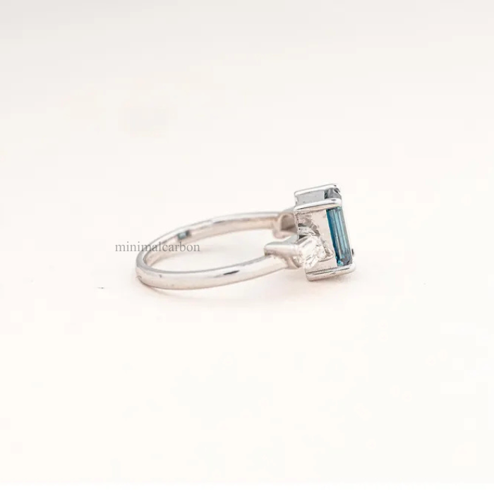 Lab Grown Blue Emerald Cut Diamond Three Stone Engagement Ring
