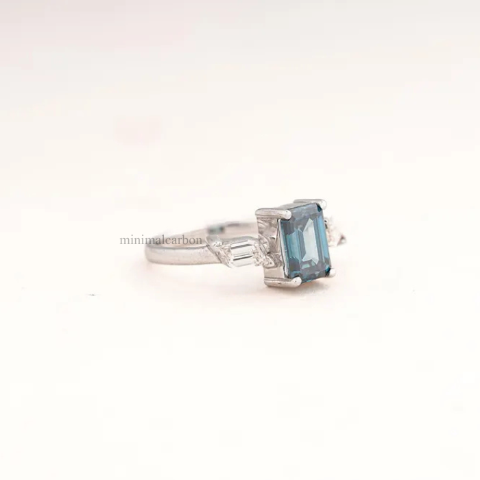 Lab Grown Blue Emerald Cut Diamond Three Stone Engagement Ring