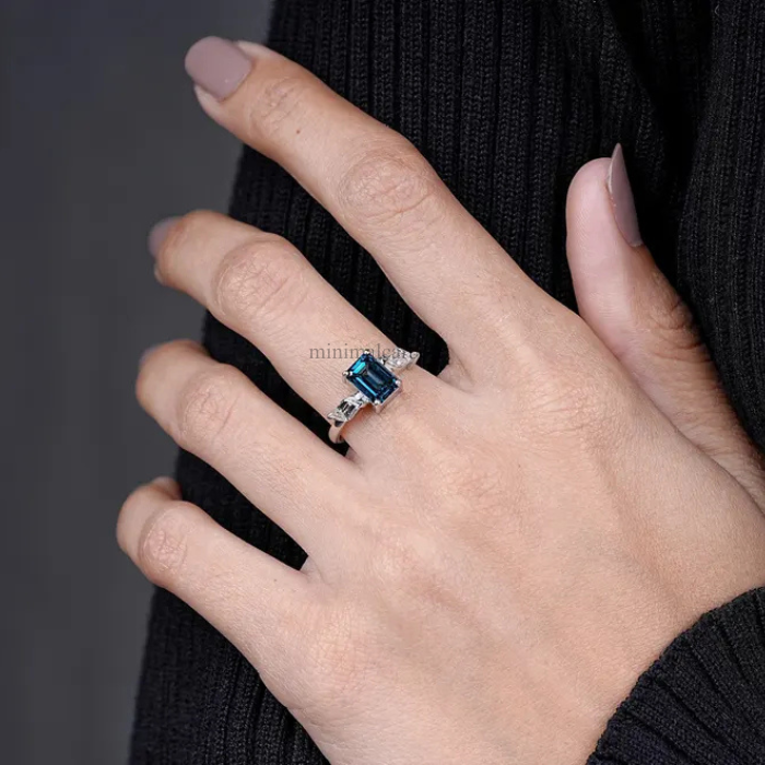 Lab Grown Blue Emerald Cut Diamond Three Stone Engagement Ring