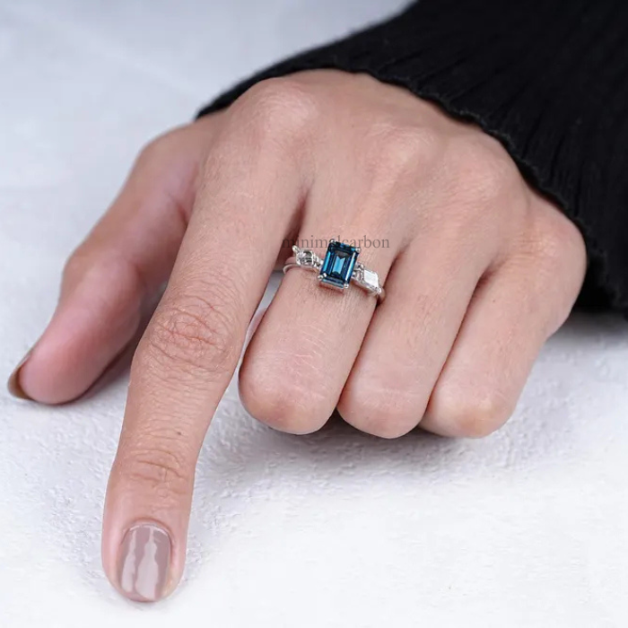 Lab Grown Blue Emerald Cut Diamond Three Stone Engagement Ring