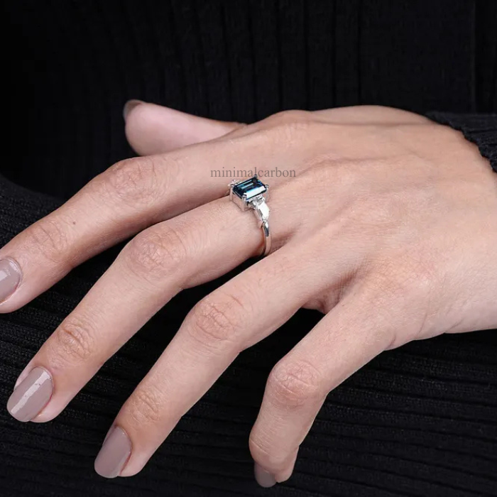 Lab Grown Blue Emerald Cut Diamond Three Stone Engagement Ring