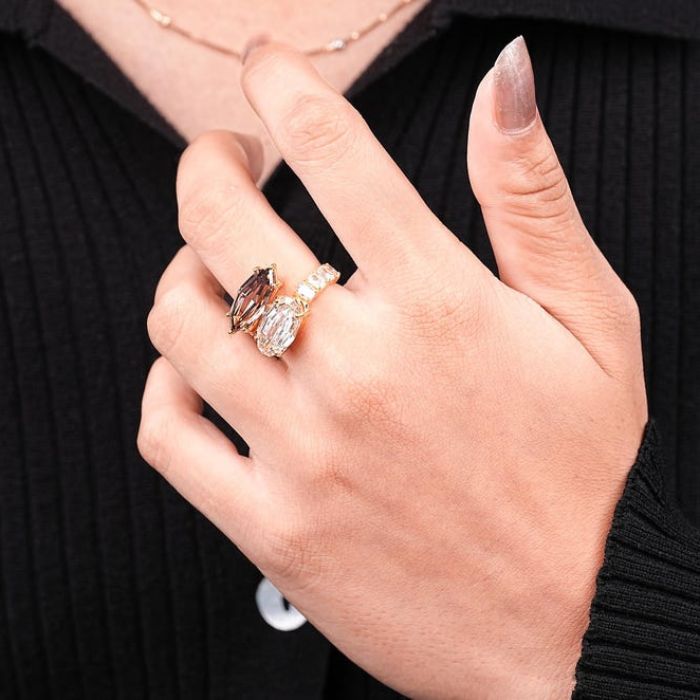 Marquise And Oval Step Cut Two Stone Open Cuff Ring