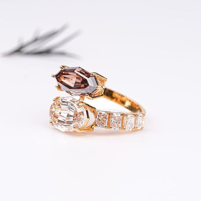 Marquise And Oval Step Cut Two Stone Open Cuff Ring