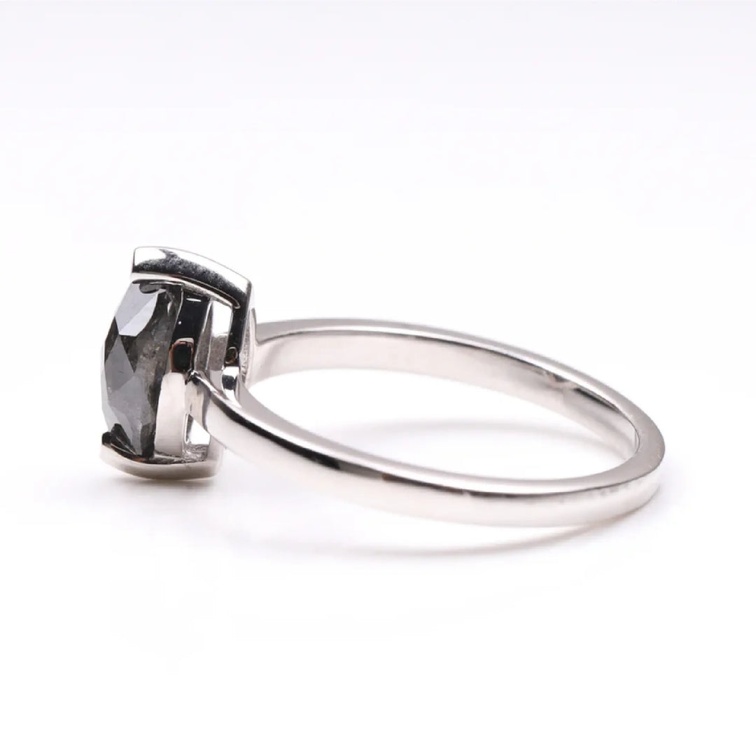 Marquise Cut Salt and Pepper Solitaire Diamond Ring - Minimal Carbon